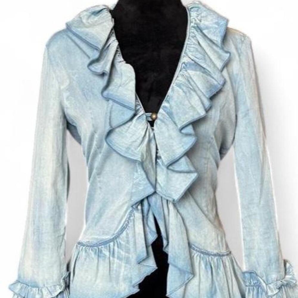 Y2K Fairycore Chambray Ruffle Blouse – Romantic Boho Top M/L